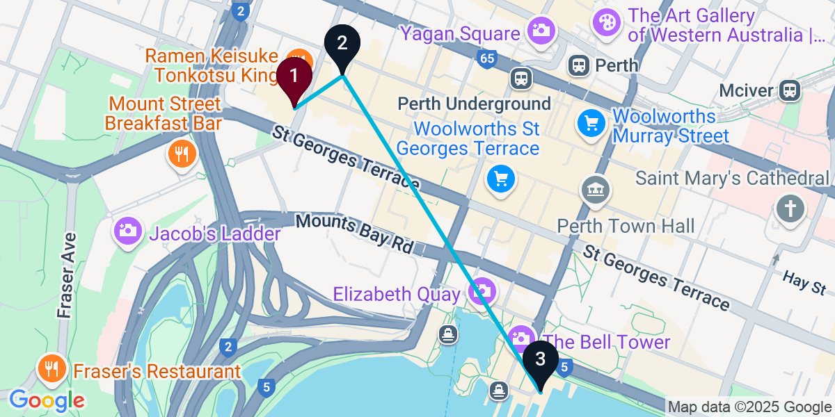 Map for 3-Stop Perth Rooftop Bar Crawl