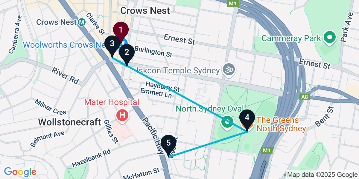 Map for 5-Stop Crows Nest Pub Bar Crawl