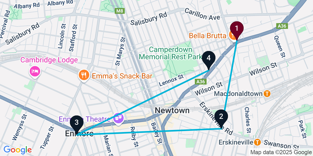 Map for 4-Stop Newtown Rooftop Bar Crawl