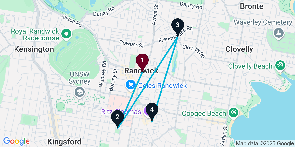 Map for 4-Stop Randwick Bar Crawl