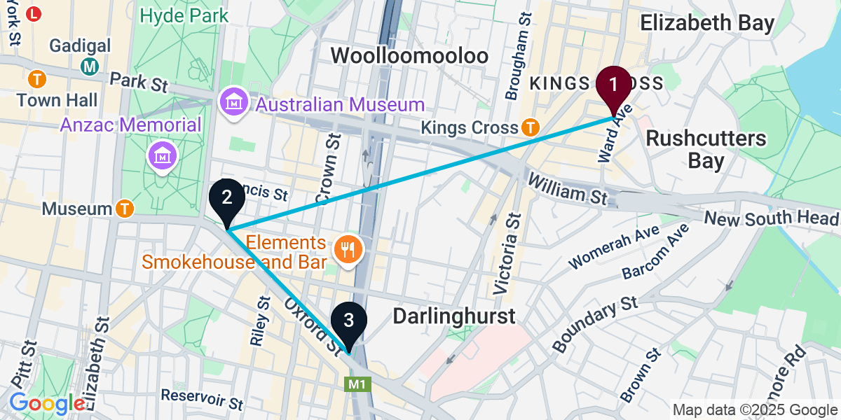 Map for 3-Stop Potts Point Nightclub Bar Crawl