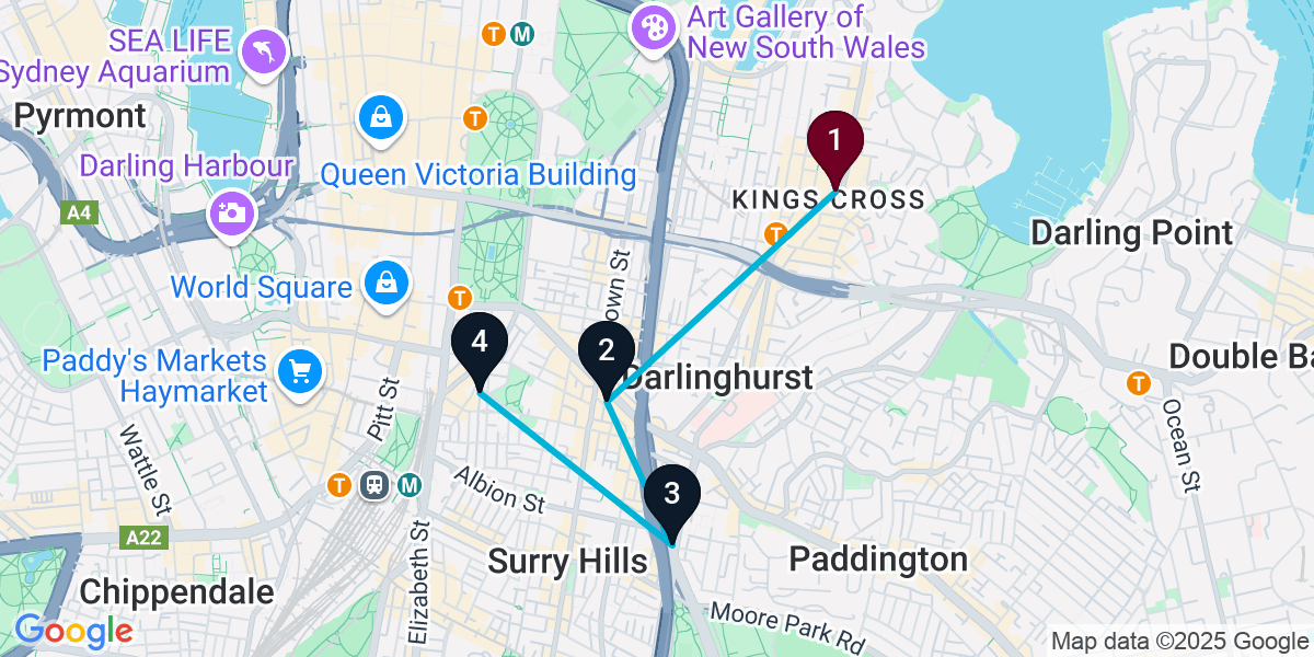 Map for 4-Stop Potts Point Brewery Bar Crawl