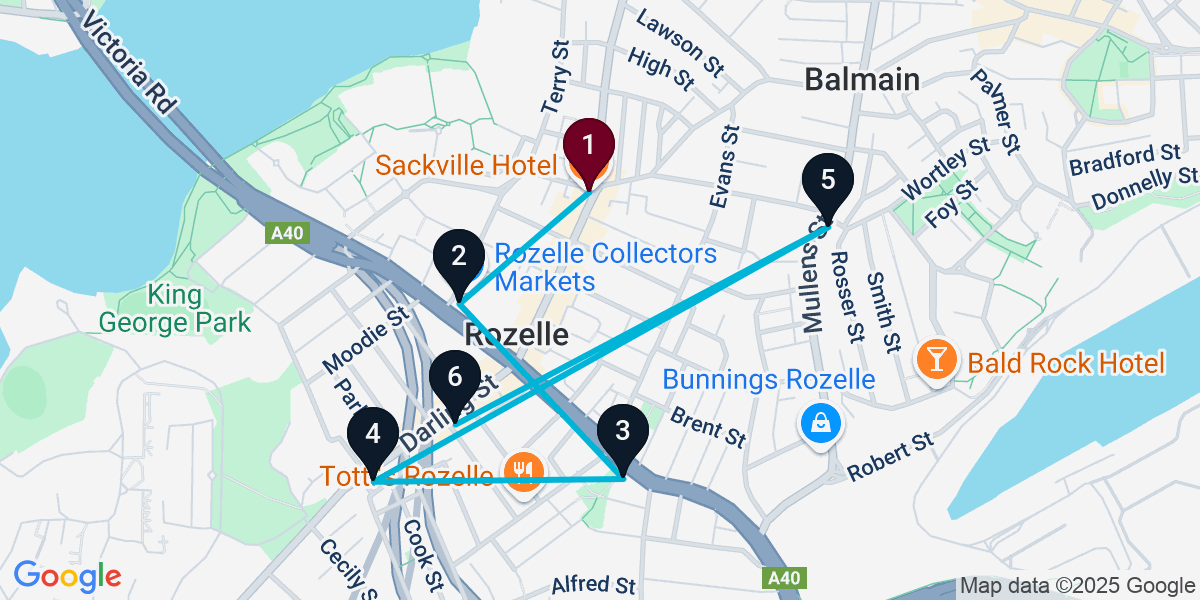 Map for 6-Stop Rozelle Live music Bar Crawl
