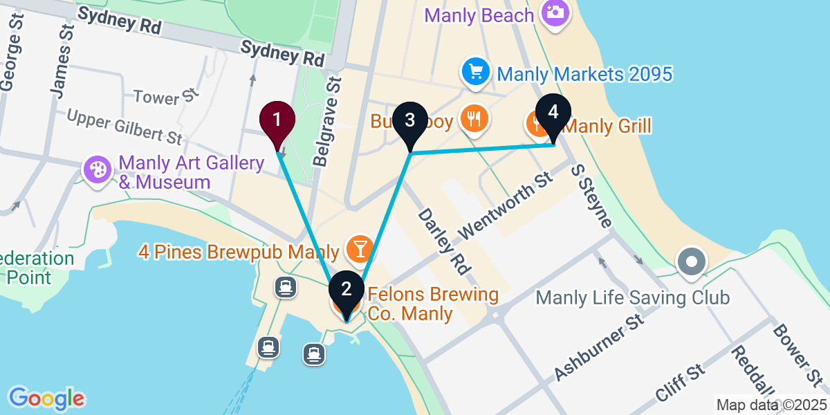Map for 4-Stop Manly Pub Bar Crawl
