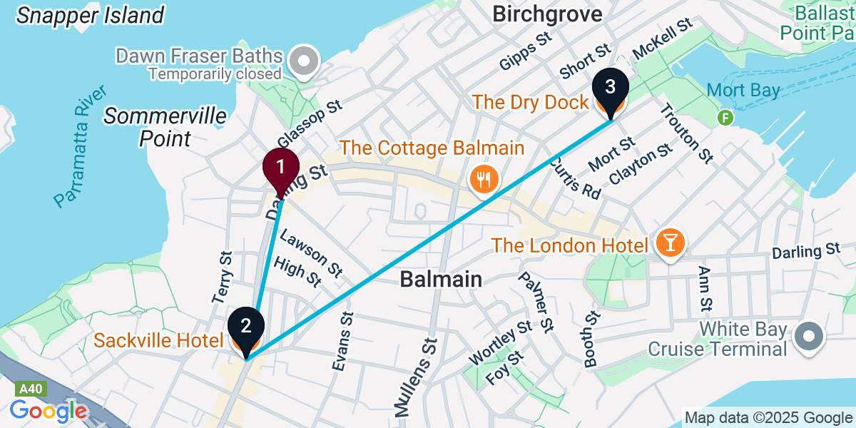 Map for 3-Stop Balmain Pub Bar Crawl