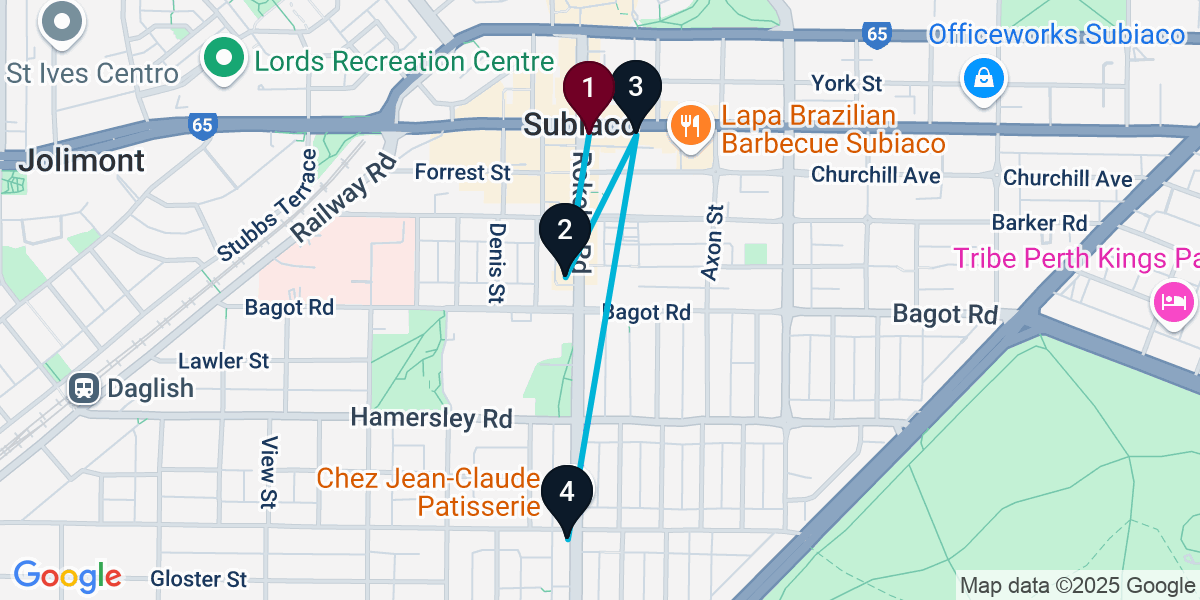 Map for 4-Stop Subiaco Bar Crawl