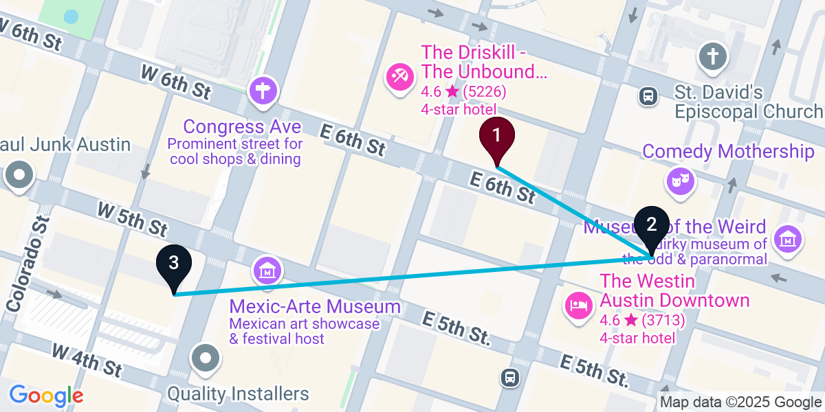 Map for 3-Stop Austin Live music Bar Crawl
