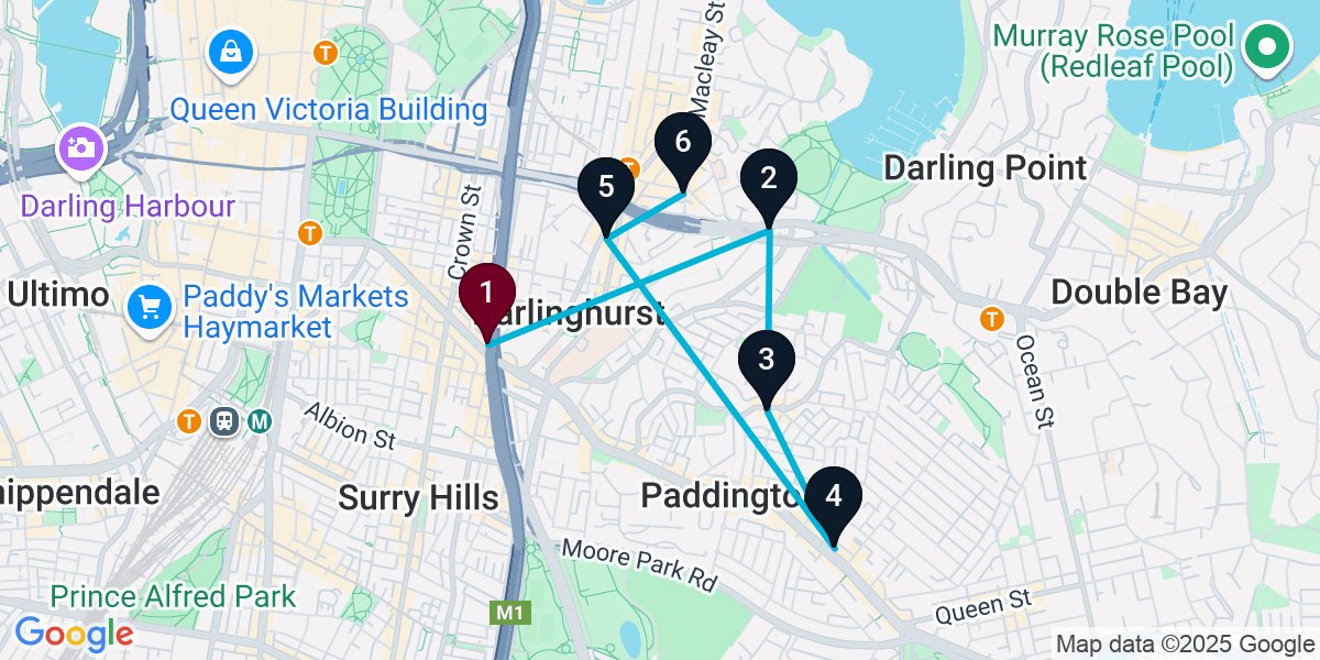 Map for 6-Stop Darlinghurst Wine bar Bar Crawl