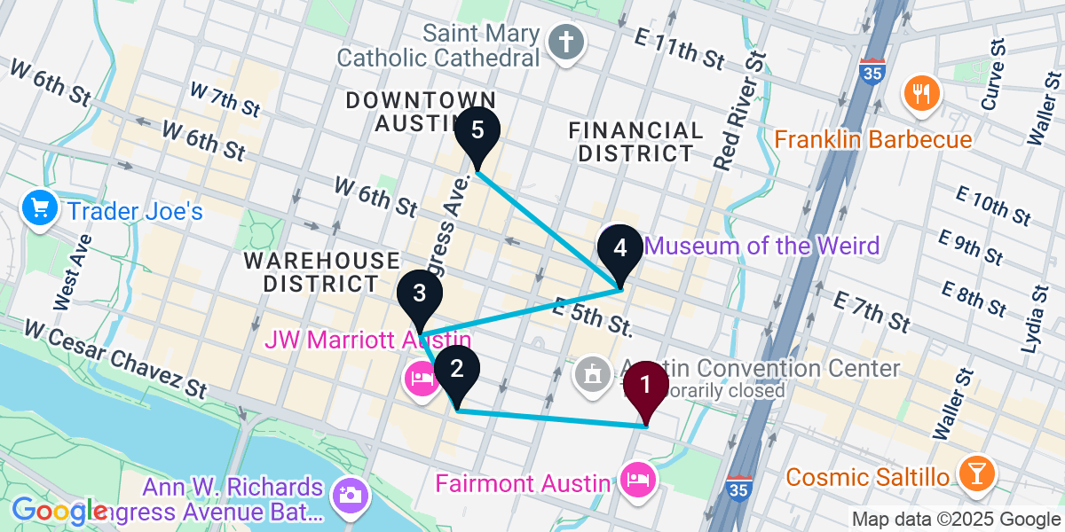Map for 5-Stop Austin Bar Crawl