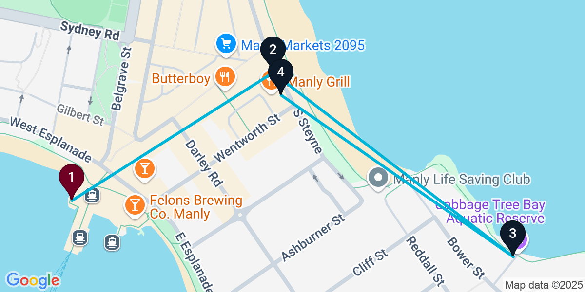Map for 4-Stop Manly Beach bar Bar Crawl