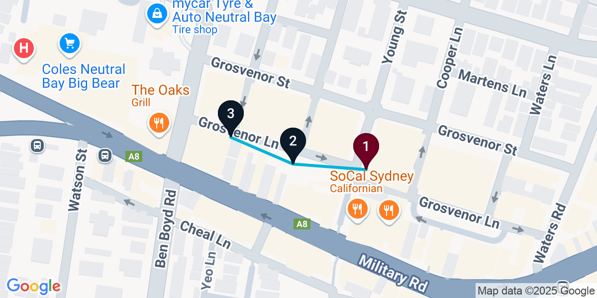 Map for 3-Stop Neutral Bay Bar Crawl