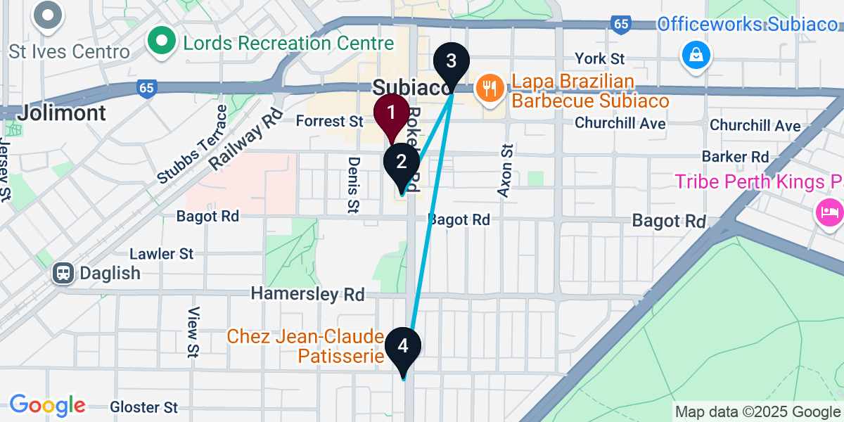 Map for 4-Stop Subiaco Bar Crawl