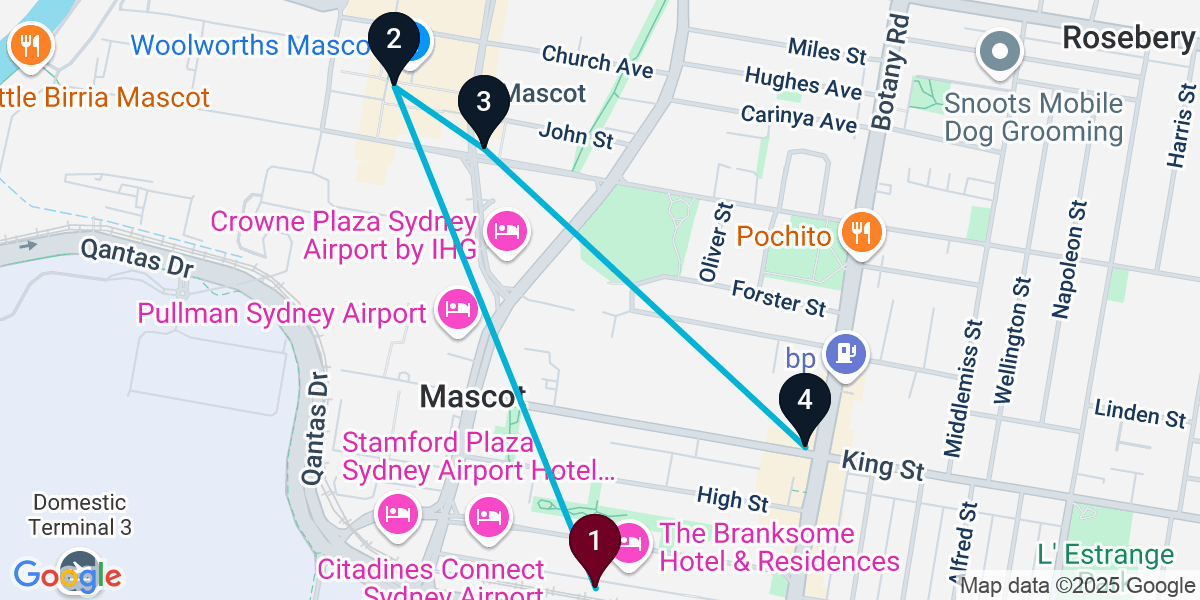 Map for 4-Stop Mascot Wine bar Bar Crawl
