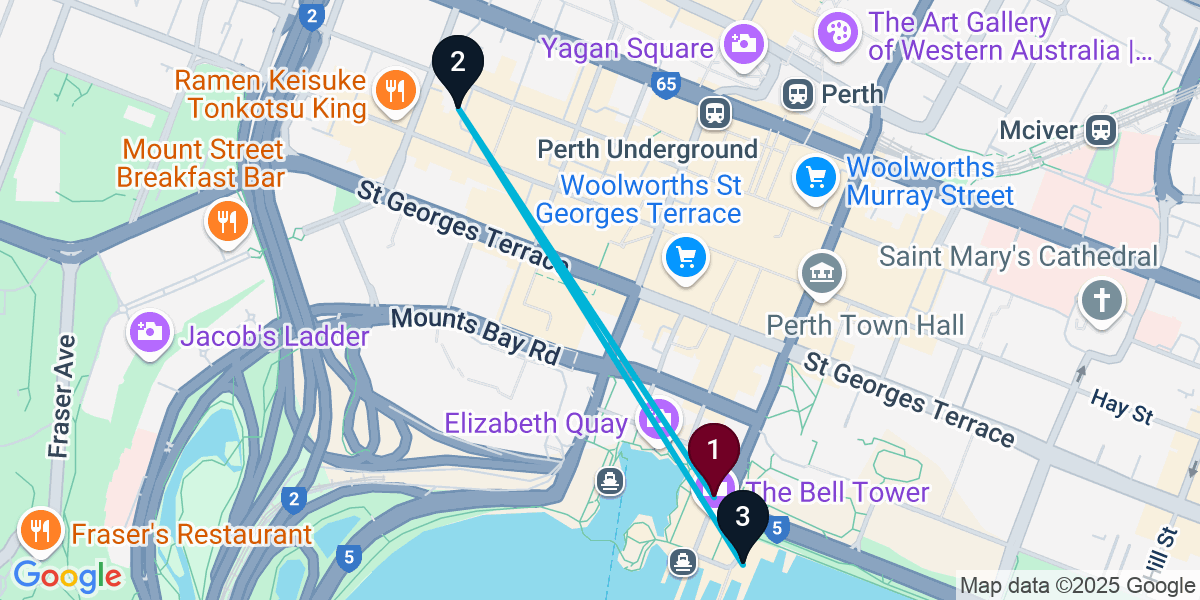Map for 3-Stop Perth Rooftop Bar Crawl