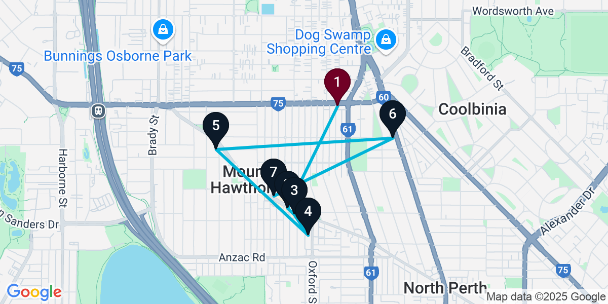 Map for 7-Stop Mount Hawthorn Bar Crawl