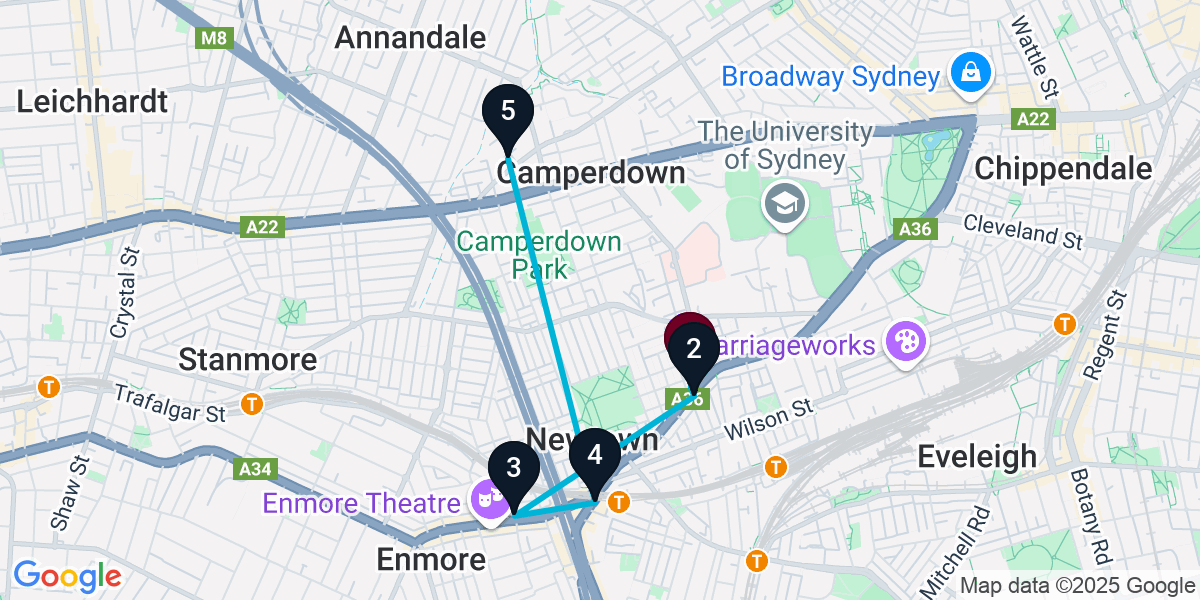 Map for 5-Stop Newtown Pub Bar Crawl