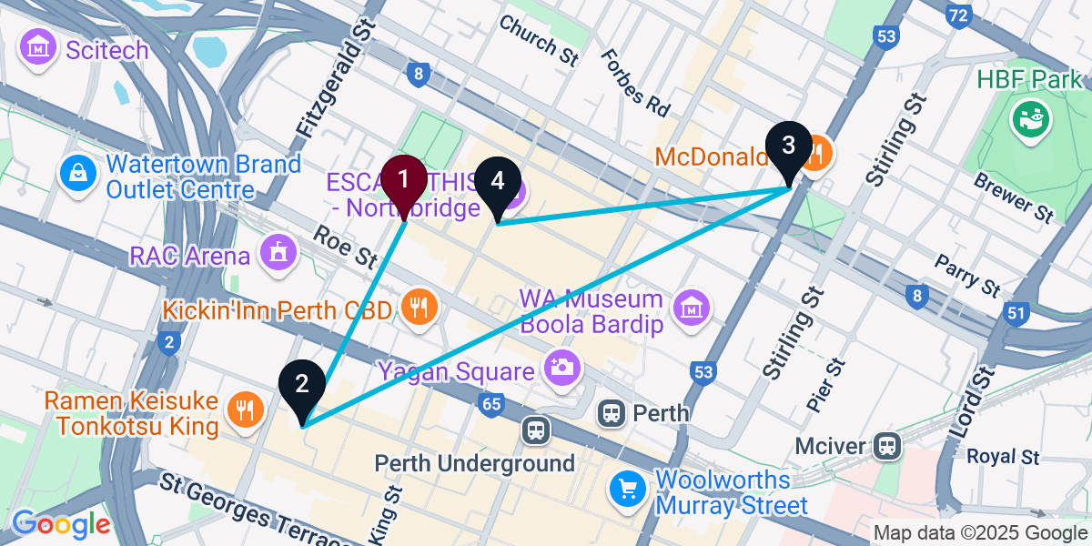Map for 4-Stop Northbridge Bar Crawl