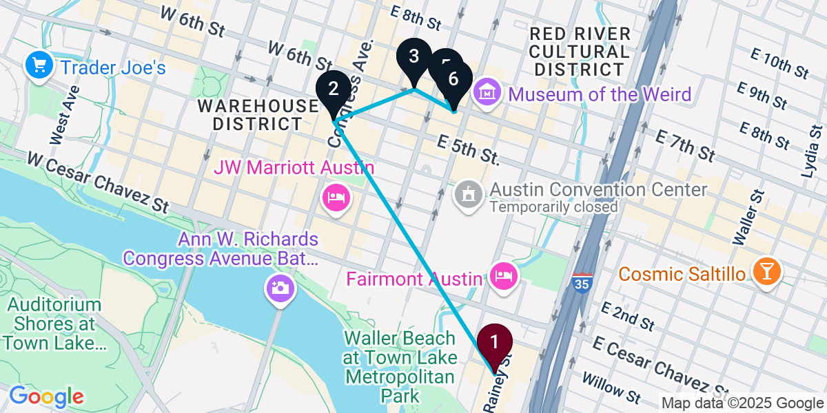 Map for 6-Stop Austin Live music Bar Crawl