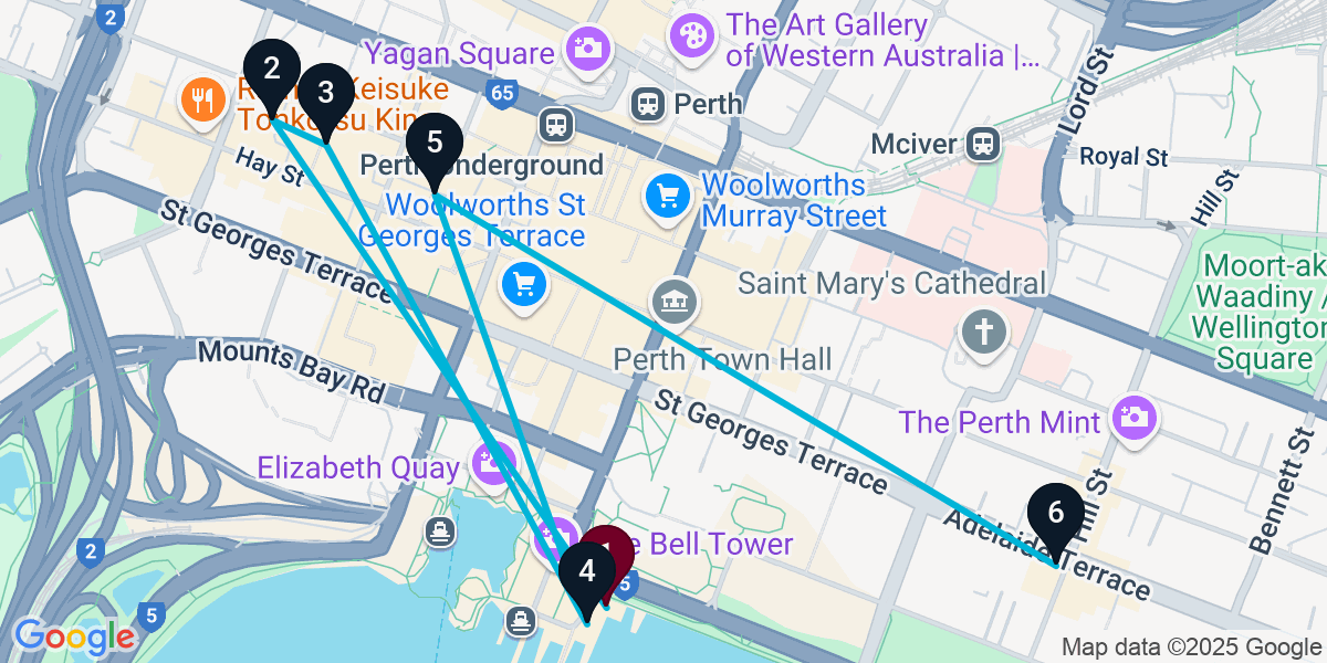 Map for 6-Stop Perth Pub Bar Crawl