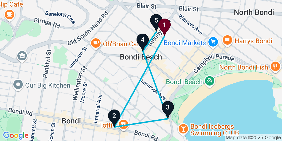 Map for 5-Stop Bondi Beach Cocktail Bar Crawl