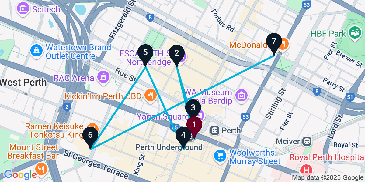 Map for 7-Stop Perth Bar Crawl