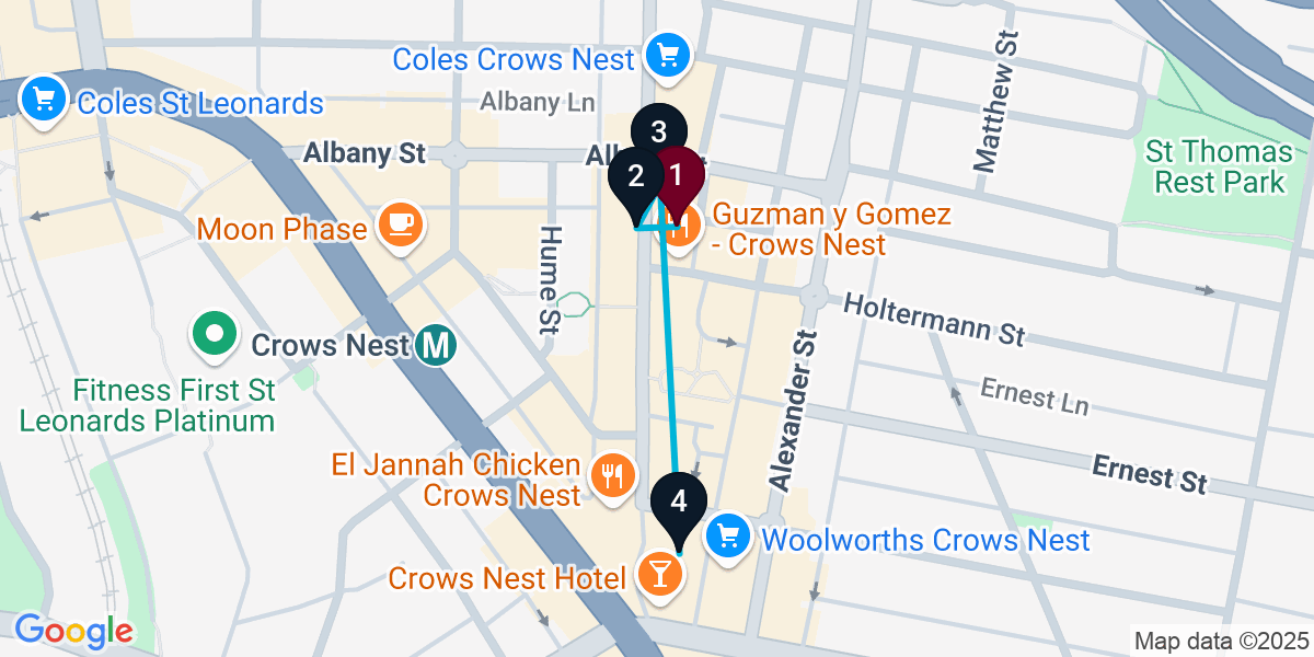 Map for 4-Stop Crows Nest Bar Crawl