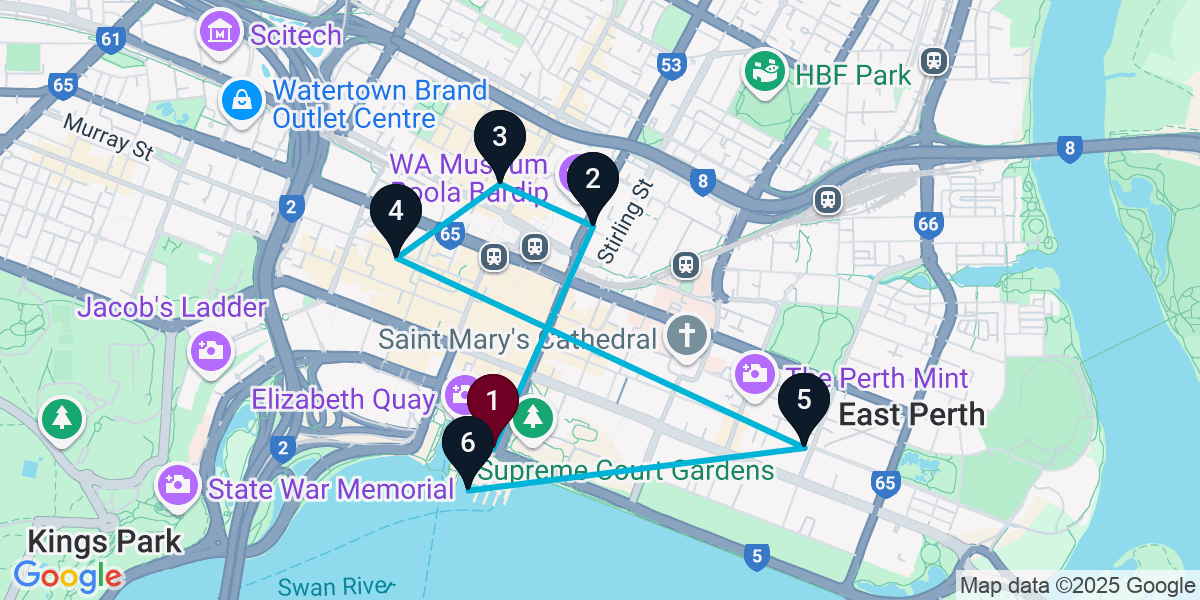 Map for 6-Stop Perth Nightclub Bar Crawl