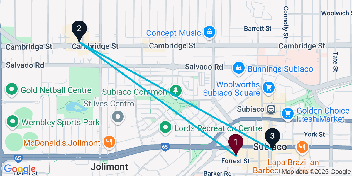 Map for 3-Stop Subiaco Pub Bar Crawl