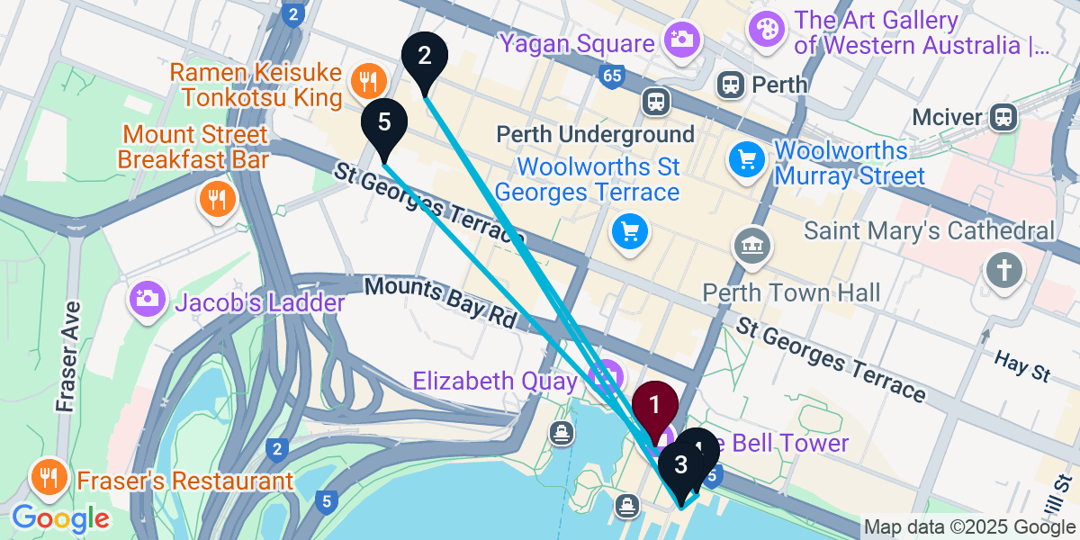 Map for 5-Stop Perth Rooftop Bar Crawl