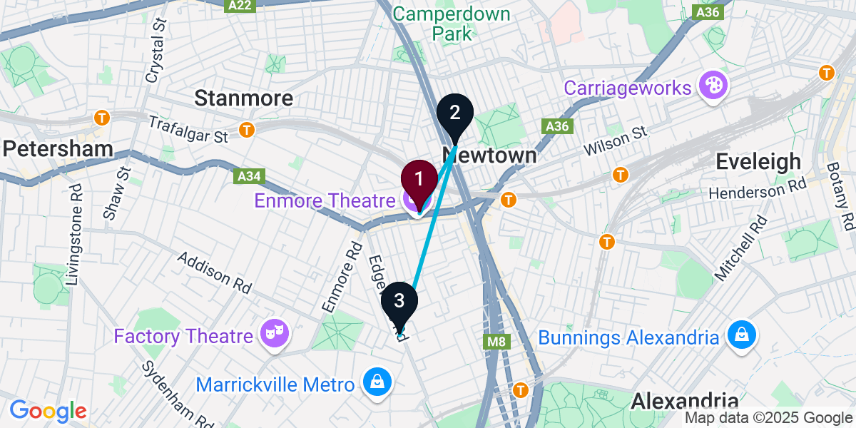 Map for 3-Stop Newtown Pub Bar Crawl