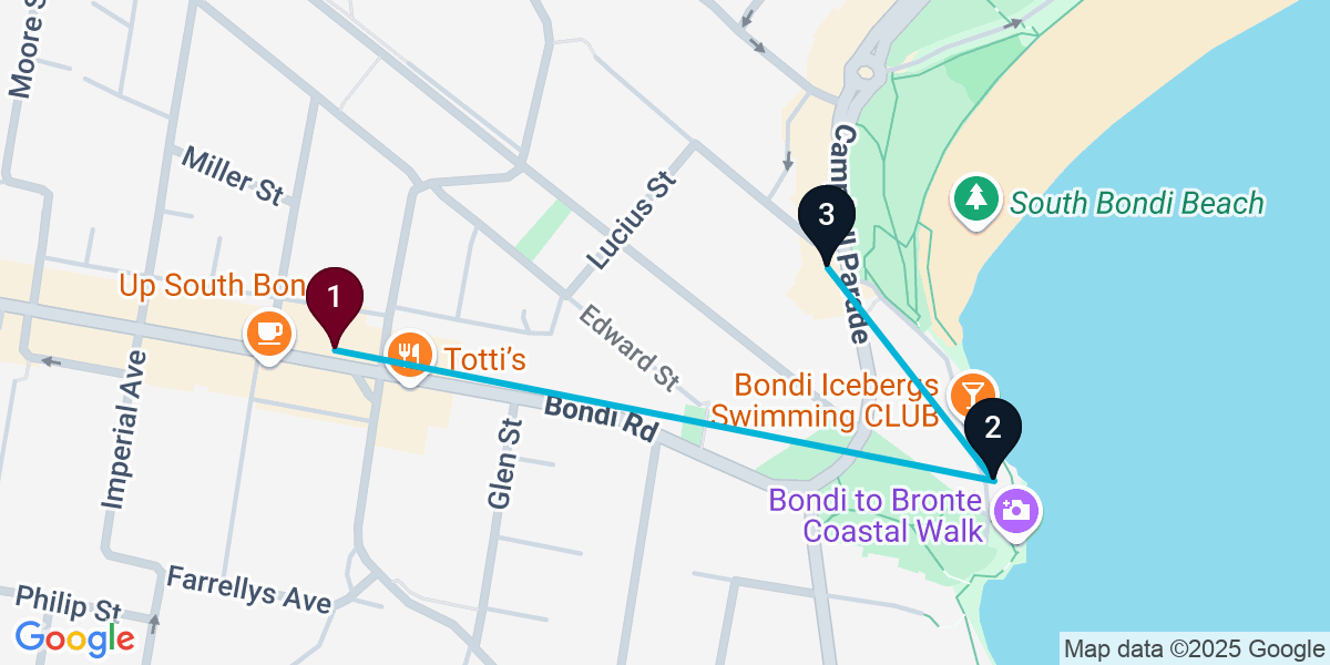 Map for 3-Stop Bondi Rooftop Bar Crawl