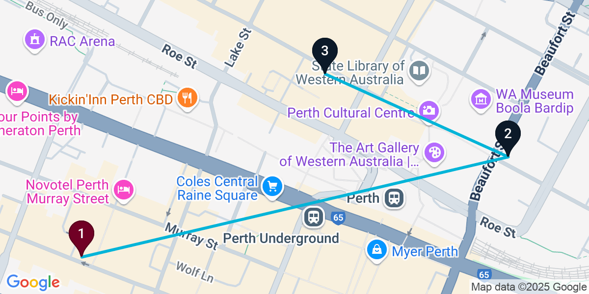 Map for 3-Stop Perth Nightclub Bar Crawl