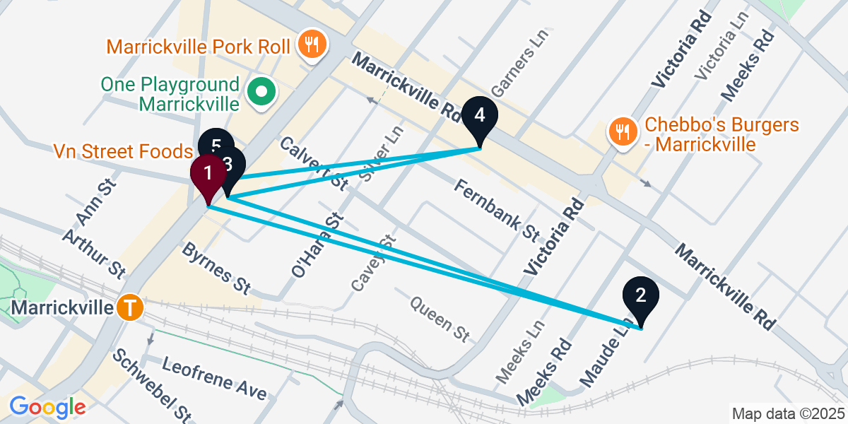 Map for 5-Stop Marrickville Bar Crawl