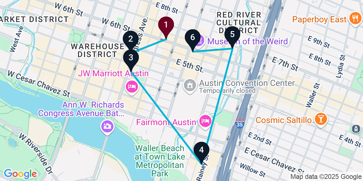 Map for 6-Stop Austin Cocktail Bar Crawl