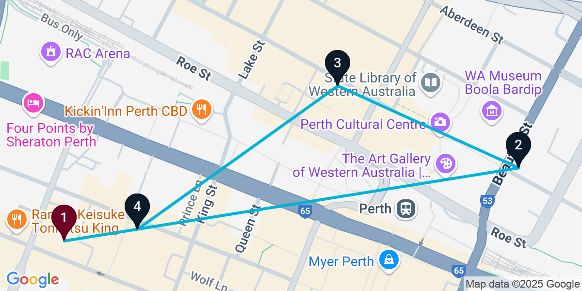 Map for 4-Stop Perth Nightclub Bar Crawl