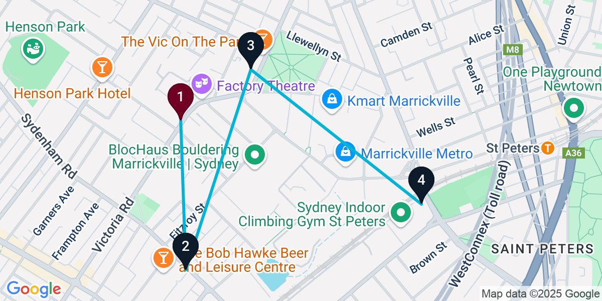 Map for 4-Stop Marrickville Brewery Bar Crawl