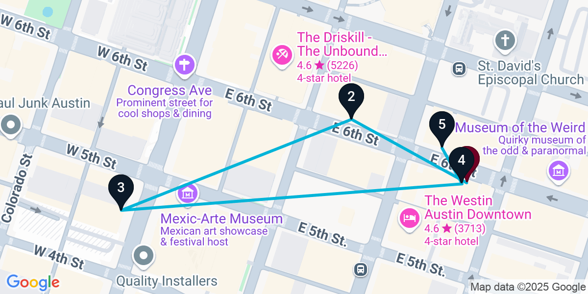Map for 5-Stop Austin Live music Bar Crawl