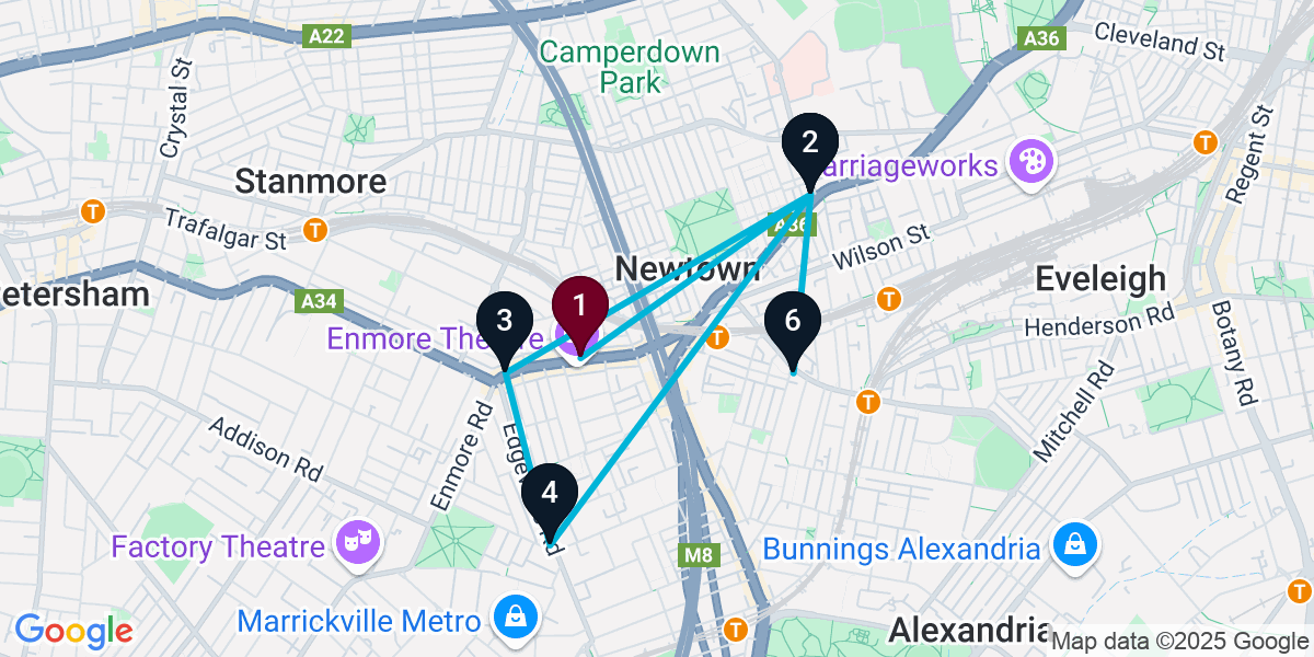 Map for 6-Stop Newtown Nightclub Bar Crawl
