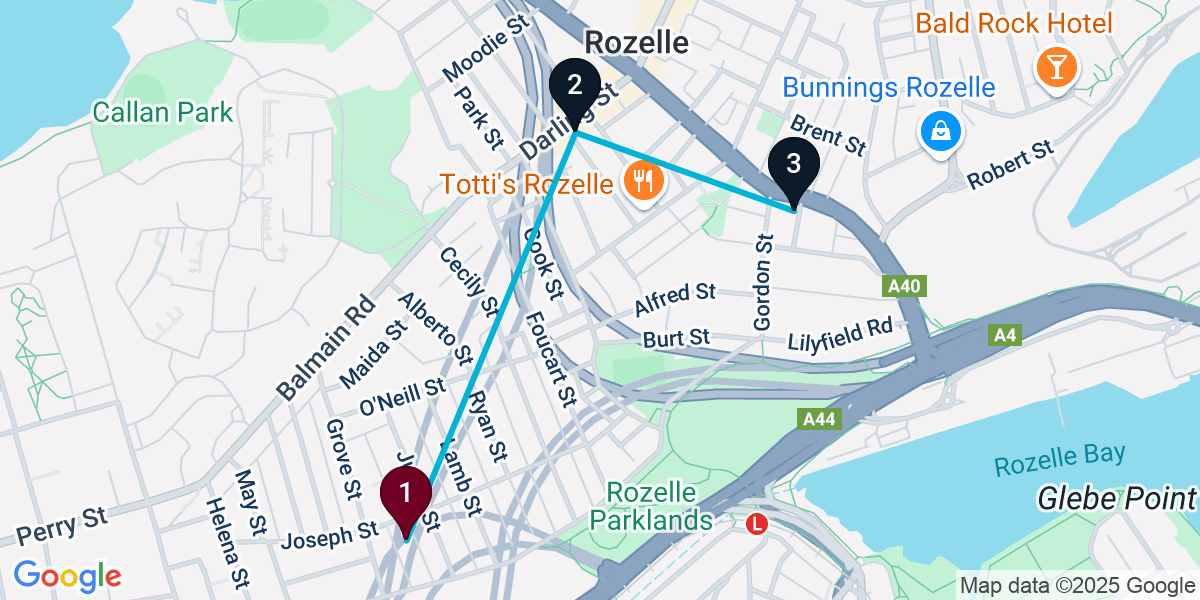Map for 3-Stop Lilyfield Bar Crawl