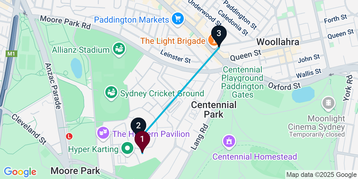 Map for 3-Stop Moore Park Cocktail Bar Crawl