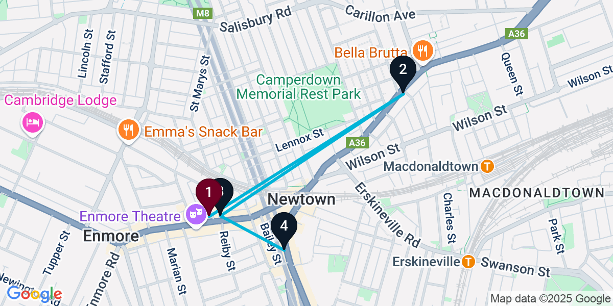 Map for 4-Stop Newtown Pub Bar Crawl