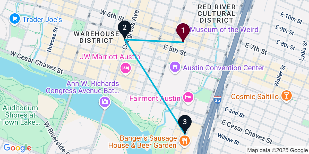 Map for 3-Stop Austin Rooftop Bar Crawl