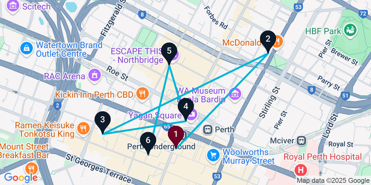Map for 6-Stop Perth Cocktail Bar Crawl