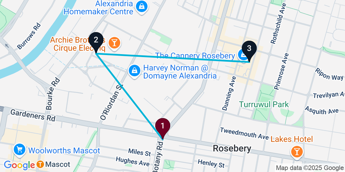 Map for 3-Stop Mascot Brewery Bar Crawl
