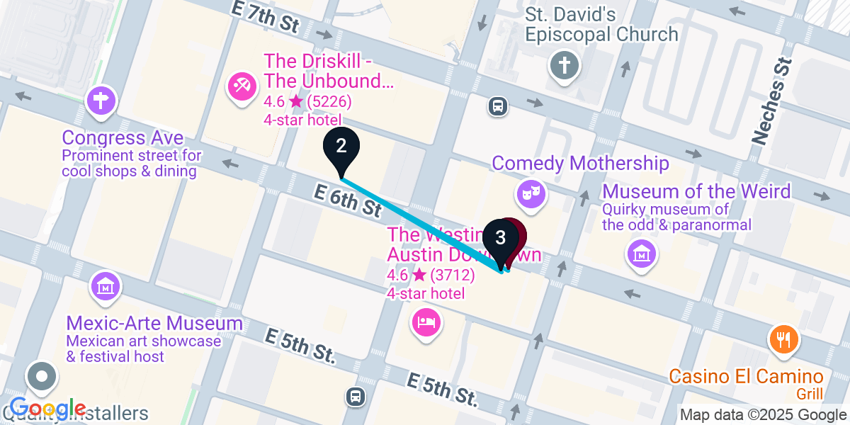 Map for 3-Stop Austin Live music Bar Crawl