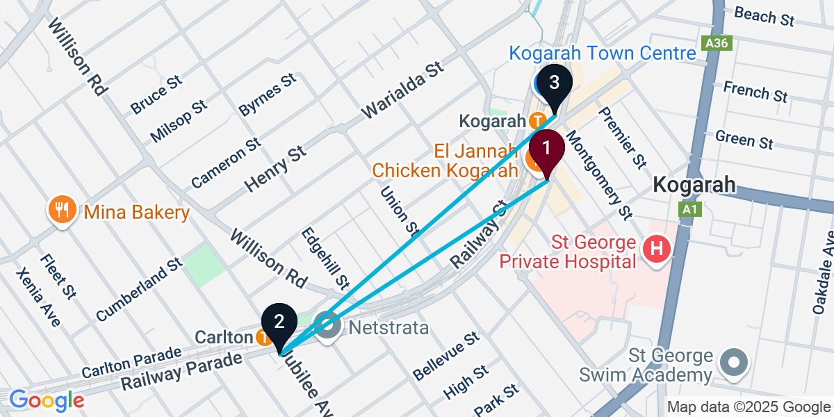 Map for 3-Stop Kogarah Cocktail Bar Crawl