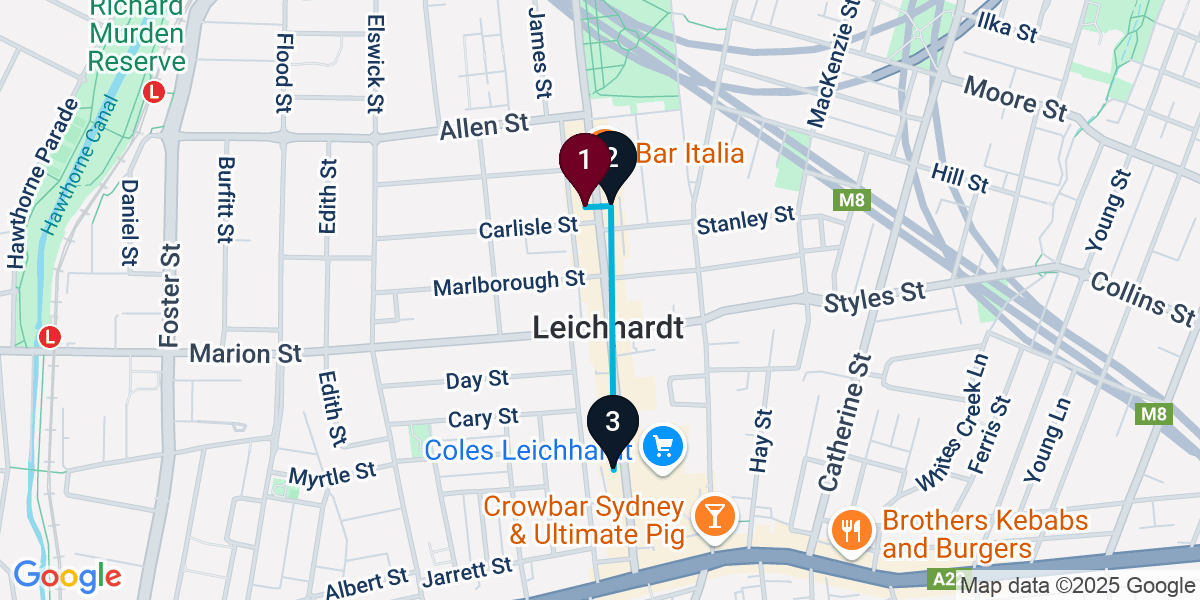 Map for 3-Stop Leichhardt Bar Crawl