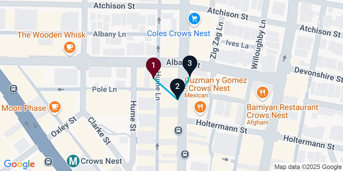 Map for 3-Stop Crows Nest Bar Crawl