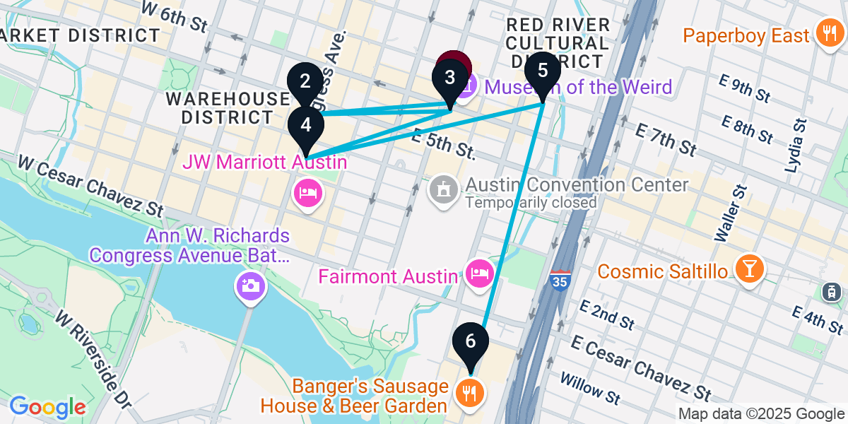 Map for 6-Stop Austin Cocktail Bar Crawl