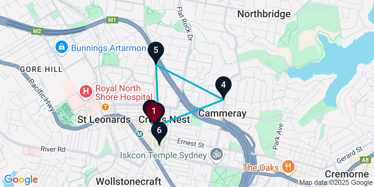 Map for 6-Stop Crows Nest Wine bar Bar Crawl